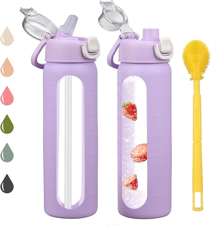 chunmo 24 oz Glass Water Bottles with 2 Lids-Handle Spout Lid & Straw Lid, Motivational Water Bottle with Time Marker and Silicone Sleeve,Leakproof-Purple-1 Pack