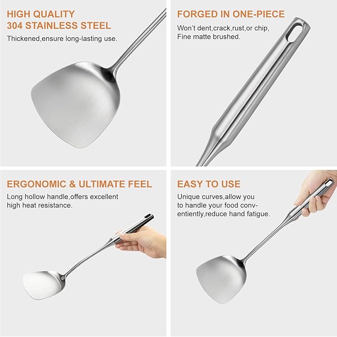 304 Stainless Steel Kitchen Utensils Set, 2 Pcs Long Metal Utensils Set with Spatula, Slotted Spatula Turner (Dishwasher Safe)