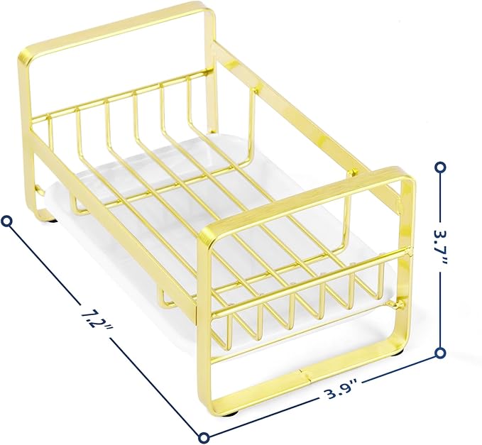 HULISEN Kitchen Sink Sponge Holder, 304 Stainless Steel Kitchen Soap Dispenser Organizer, Countertop Drainer with Removable Tray, not Including Dispenser and Brush, Gold