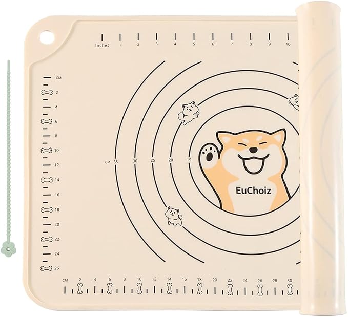 Silicone Pastry Mat 24"*16" Extra Thick Non Stick Baking Mat Food Grade Silicone Dough Rolling Bake Mat with Edge Heightening Cartoon Beige