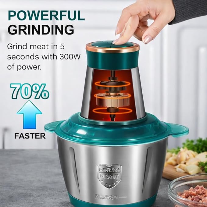 Food Processor,Electric Food Chopper,Fast Shredding for Meat, Vegetables, Fruits and Nuts,Electric Food Chopper with 4 Large Sharp Blades for Meat, Upgraded Button & Smart Overheat Protectio