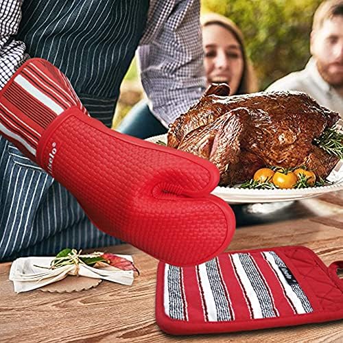 Alselo Silicone Oven Mitts Heat Resistant 550 Degree, Extra Long Kitchen Mittens with Non-Slip and Waterproof Pot Holders for Baking Cooking Barbecue Microwave Machine Washable(Extra Long red, 2)