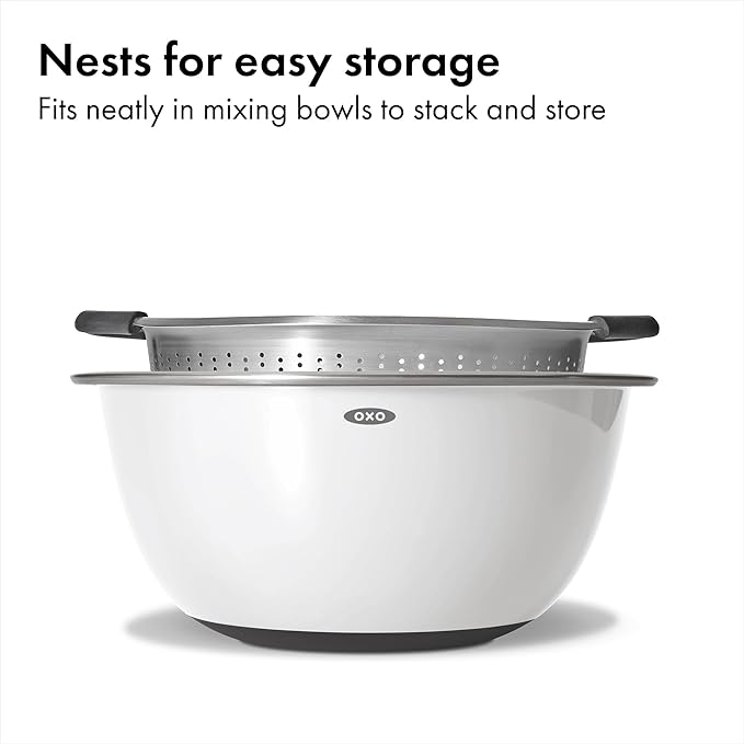 OXO Good Grips Stainless Steel Colander, 5 qt. Capacity, Strainer with Non-Slip Handles, Kitchen Colander for Pasta and Vegetables, Nesting Stainless Steel Strainer and Sieve