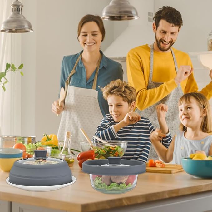 Microwave Splatter Cover Glass Splatter Guard Lid with Collapsible Silicone for Small Bowls Food Plate Cover 8.5 inch Grey
