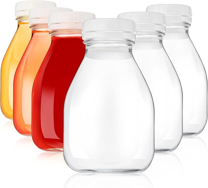 6 Glass Milk Bottles with Lids - 16oz, Reusable for Almond Milk, Coffee Creamer, Parties & Picnics