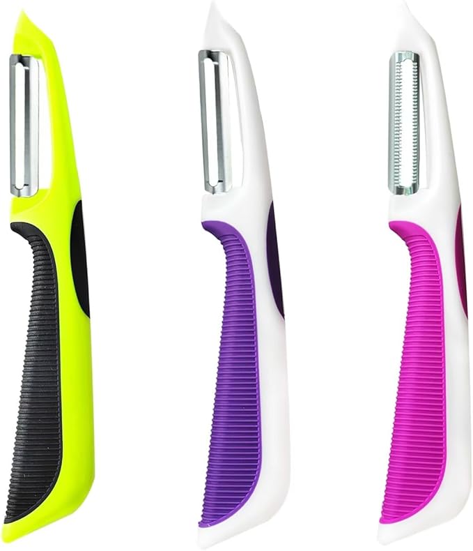 Vegetable Potato Peeler for Kitchen, 1 Piece Serrated Peeler for Soft Skin, 2 Pieces Straight Peeler for Apple Fruit Veggie, with Silicone Handle (Set of 3, Pink/Purple/Green)
