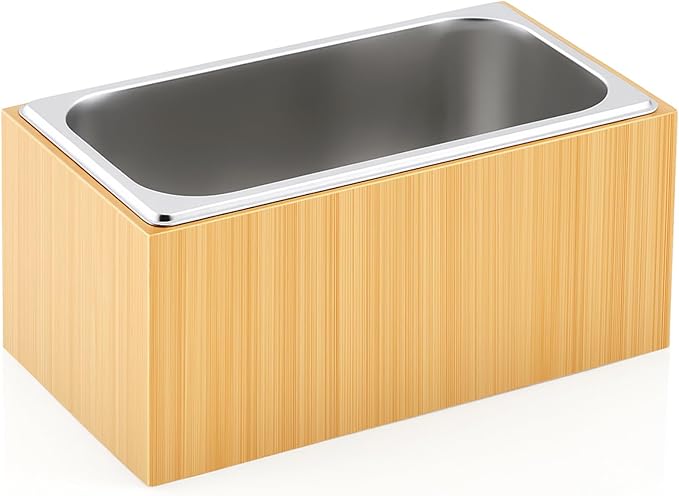 Ice Housing Bin with Removable Tray Ice Holder Container Wine Beer Champagne Drink Bucket Beverage Tub for Freezer Display Buffet Bar Counter Party Drink Chiller(Bamboo and Steel,13.4" X 7.3" X 6.7")