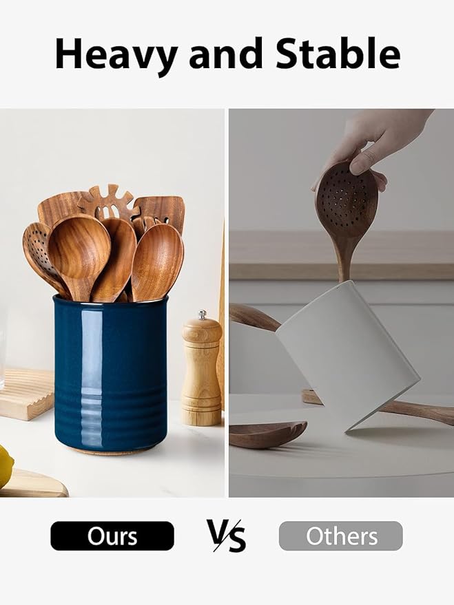 Utensil Holder, 6.7" Ceramic Kitchen Utensil Crock for Countertop Cooking, Modern Utensil Caddy Jar Organizer for Farmhouse Kitchen Counter Décor, Flambe Blue