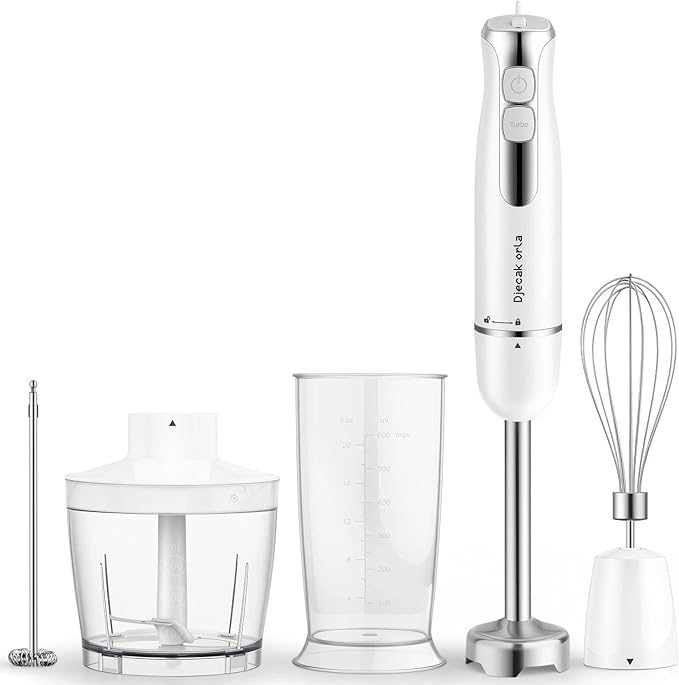 Upgraded 1100W 5-in-1 Immersion Hand Blender – 20 Variable Speeds, Up to 15,500 RPM, Handheld with Milk Frother & Food Processor, White