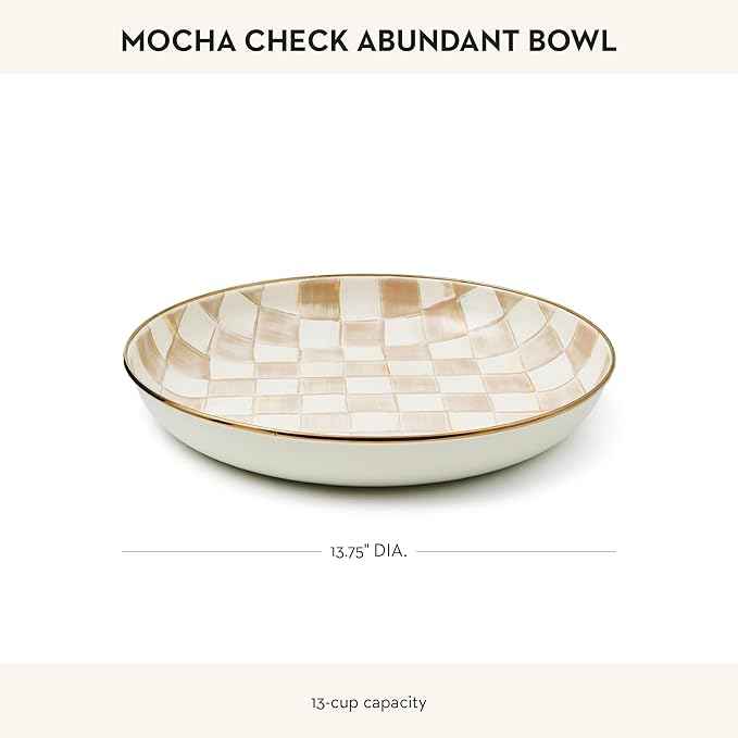 MACKENZIE-CHILDS Enamel Abundant Bowl, Decorative or Serving Bowl, 13-Cup Capacity, Brown-and-White Mocha Check
