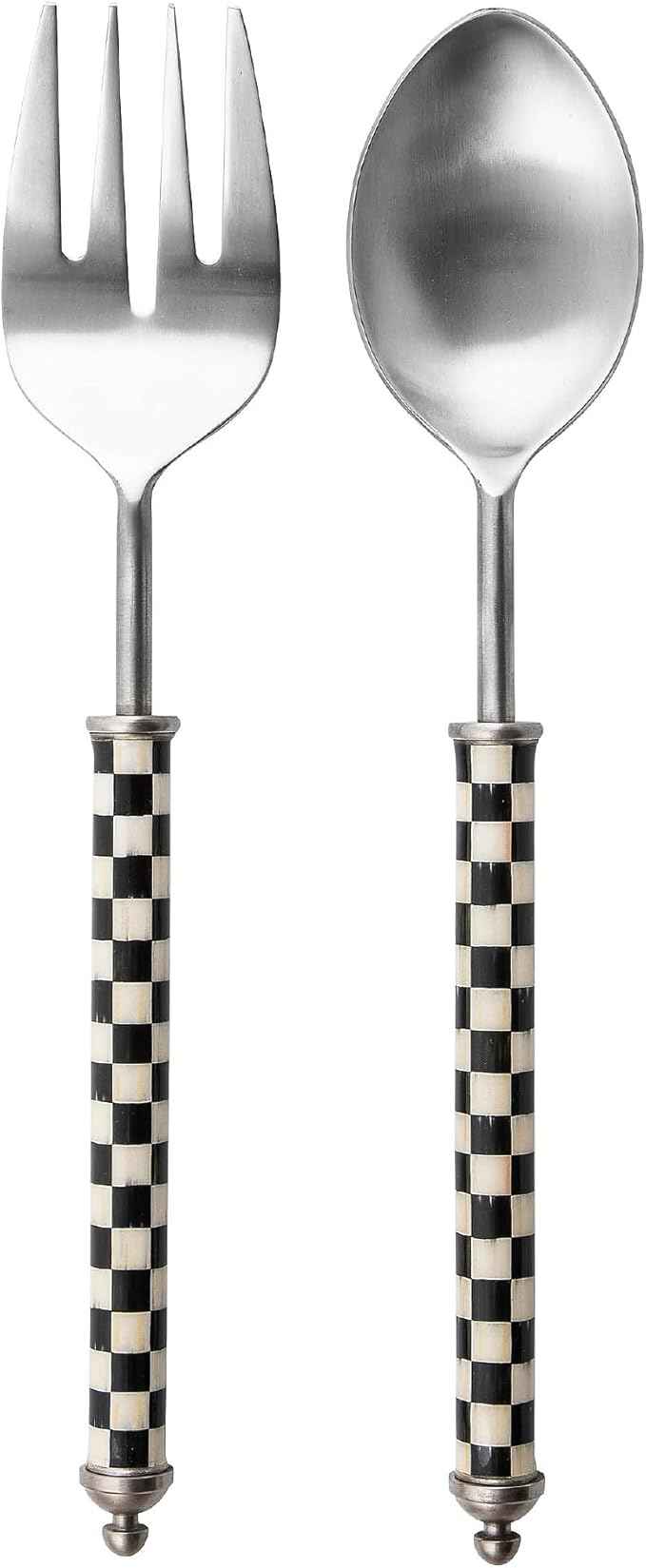 MACKENZIE-CHILDS Supper Club Salad Serving Set, Fork and Spoon Salad Servers, Decorative Kitchen Serving Utensils, Black-and-White Courtly Check
