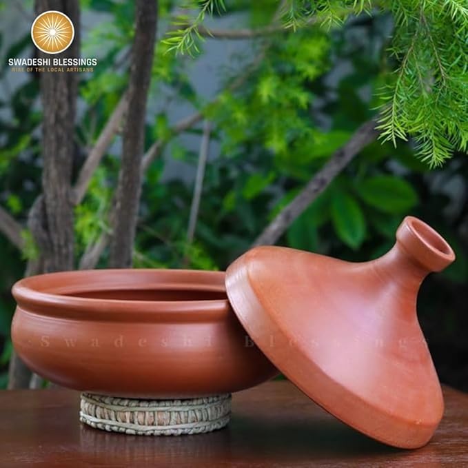 Swadeshi Blessings Unglazed Clay Tajine Pot for Cooking with Lid/LEAD-FREE Earthen Tajine/Clay Tagine Cookware for baking +FREE ASH For Cleaning