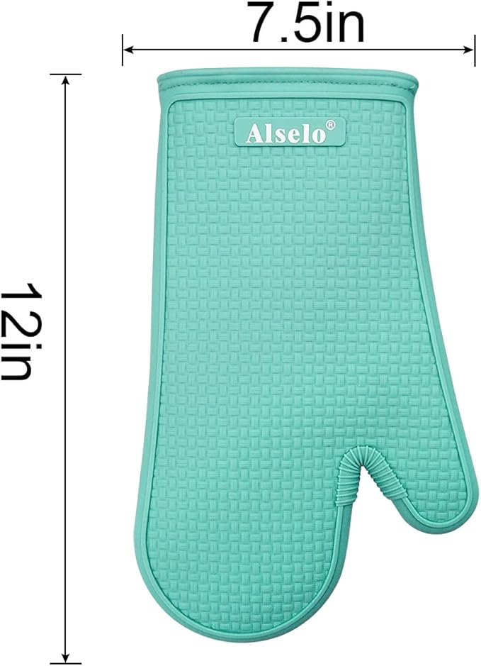 Alselo Oven Mitts Heat Resistant Silicone Kitchen Gloves for 550 Degrees with Waterproof and Non-Silp, Set of 2 Oven Gloves for Baking Cooking Barbecue Microwave Machine Washable (Blue, 2)