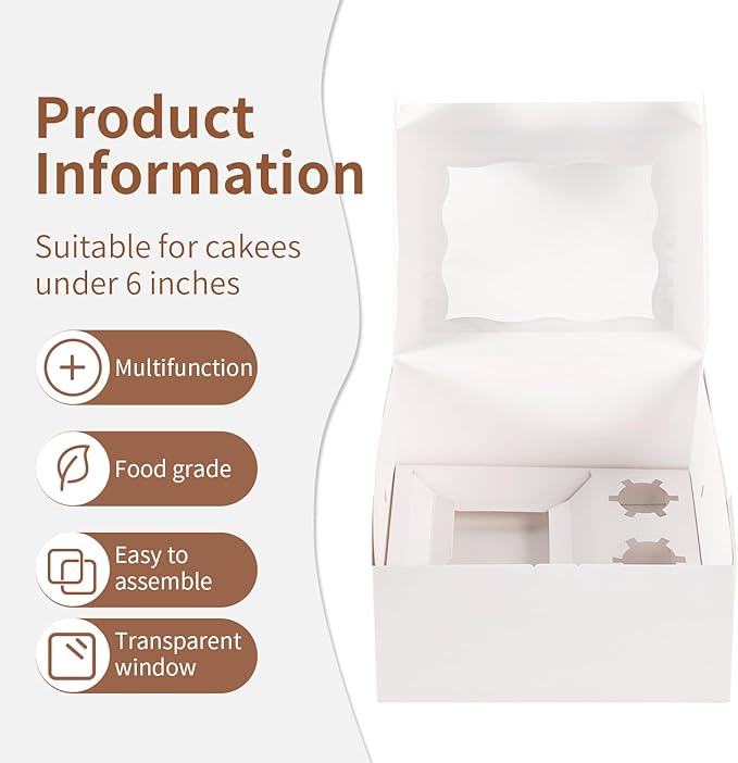 Bento Cake Box With Cupcakes, Clear Window 6 Holes Bento Combination,6 Sets: Cookie Boxes Fit 5 Regular Cupcake and Mini Cakes, Christmas Wedding Birthday Party (White/clear, 1+5/6pcs)