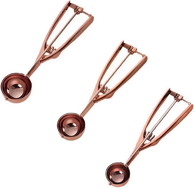 Gold Ice Cream Scoop 304 Stainless Steel Cookie Scoops for Baking Melon Baller with Trigger 3 Sizes (Rose Gold, S/M/L)