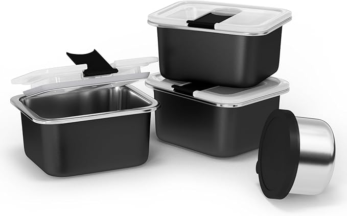 Bakpoco Stainless Steel Snack Lunch Containers for Kids, 3 Packs 12 oz Leak-Proof Lunch Box Containers, Microwave-Safe, Convenient Metal Small Food Storage Container with Lid for School, Work