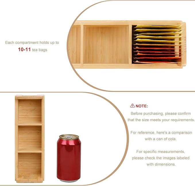 HTB Small Tea Bag Holder, Bamboo Tea Organizer 3 Compartments for Beverage Suppliers, Sugar, Sweeteners, Individual Packets, Portable Tea Bag Organizer for Home Kitchen Counter or Office