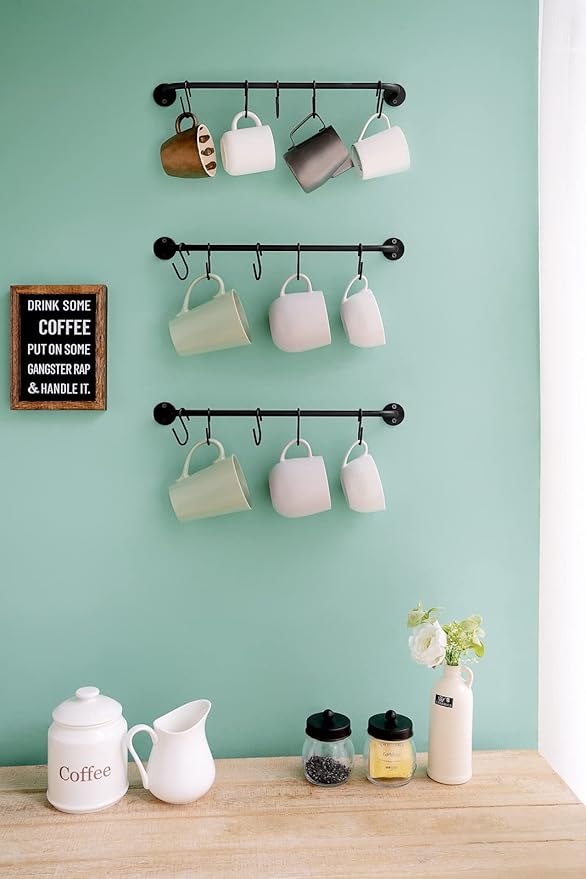 Mkono Mug Holder Wall Mounted Coffee Cup Rack Hanger Modern Metal Wall Rack with 15 Mug Hooks Rustic Utensil Tea Cups Storage Organizer for Kitchen Dining Room Coffee Bar, Set of 3, Black