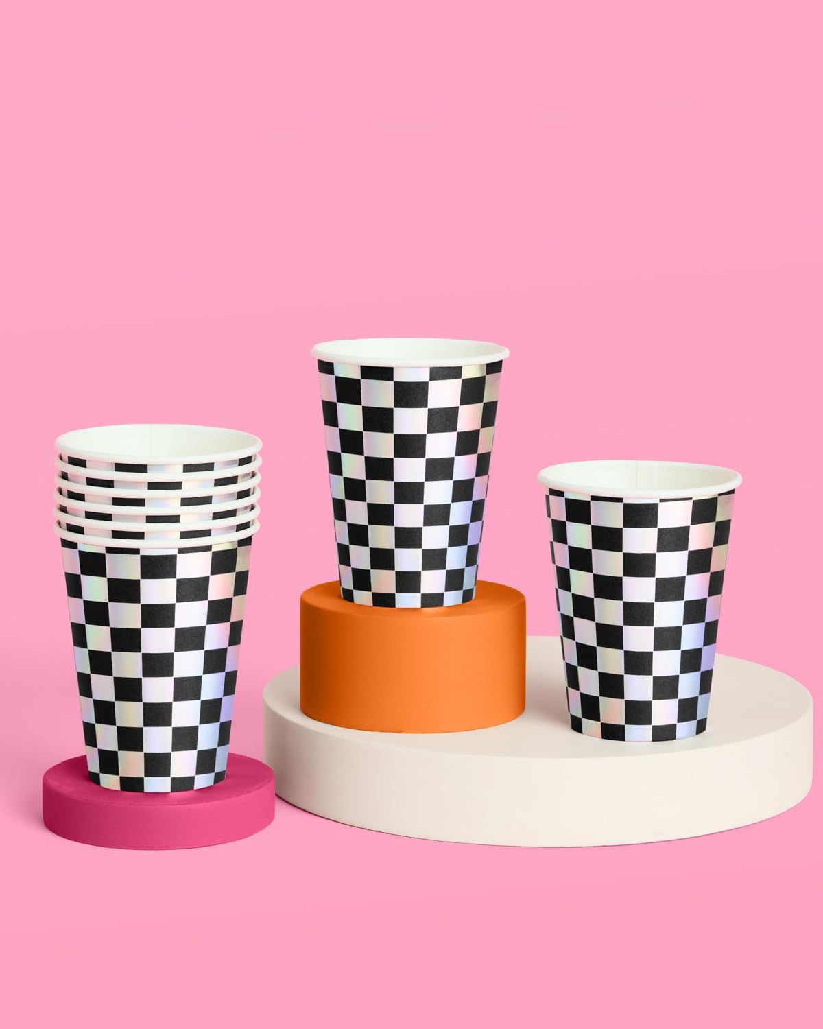 xo, Fetti Party Decorations Checkered Black + Iridescent Paper Cups - 50 Disposable 14 oz Cups | Bachelorette Party Cups, Birthday Party Supplies, Racecar Kids Drinkware Favors, Disco Rave Decor