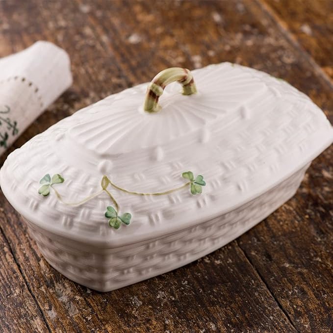 Belleek Classic Shamrock Butter Dish, Handcrafted Hand Painted Irish Porcelain Covered Butter Keeper, 3.9-Inch H x 7.1-Inch L x 3.9-Inch W