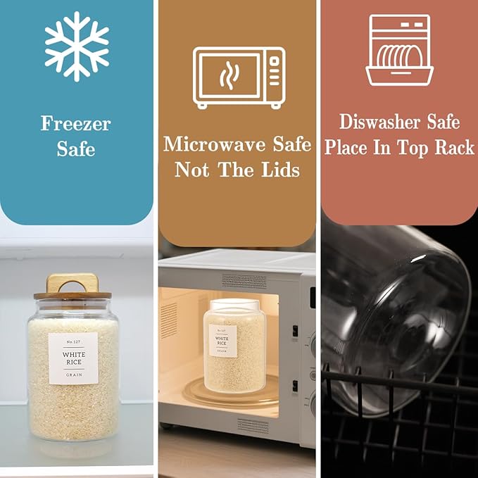 2 Pack Large Glass Flour and Sugar Containers with 132 Pantry Labels - 64 FL OZ Glass Canisters with Bamboo Airtight Lids - Farmhouse Glass Cookie Jars for Rice, Pasta, Cereal, Bath Salt
