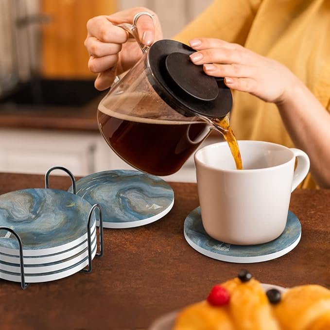 UMIRRO Coasters for Drinks Absorbent with Holder | Cool Table Mats in Ocean Blue for Cups, Glasses, Desk, Office and Home | Cute Ceramic Stoneware Coaster Set