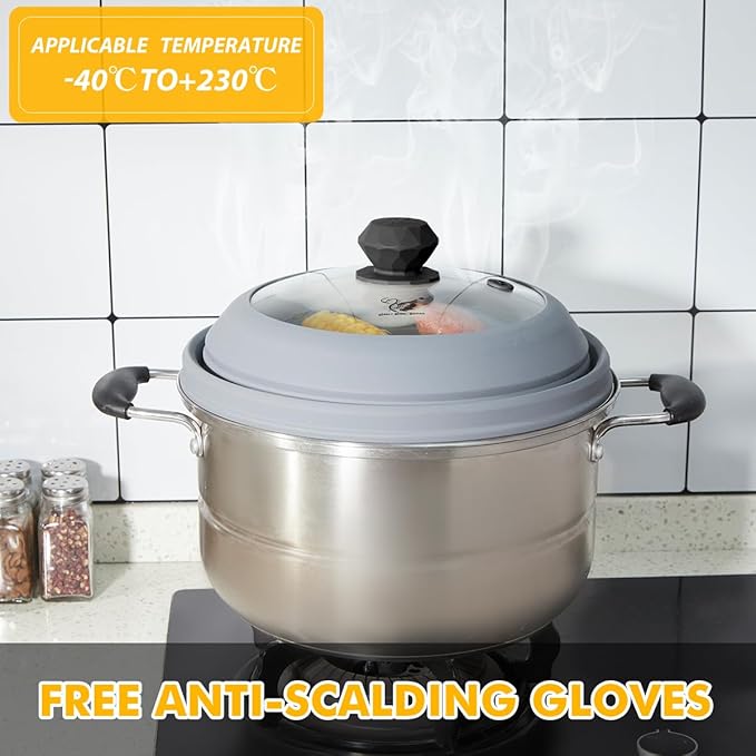Microwave Splatter Cover Vented Glass Splatter Guard Lid with Collapsible Silicone for Food as Pot Cover Plate 9.8 inch Light Grey
