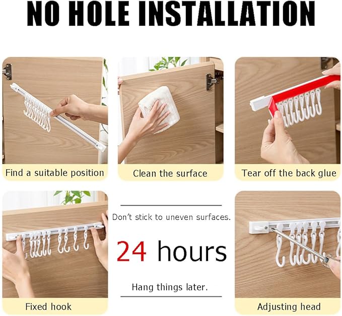 Utility Slide Rail Hook,Under Cabinet Kitchen No Punching Hooks for Hanging Utensil,Bathroom Bedroom Office Wall Door Rack with 10 Hooks,15.7 and 11.8 Inches,2Pieces