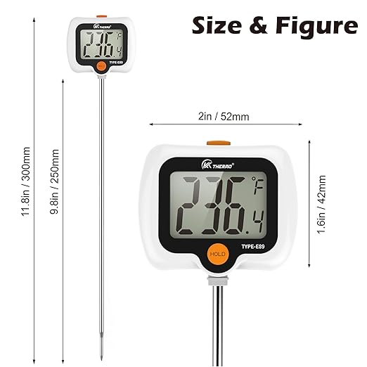 Digital Candy Thermometer with Adjustable Display, 304 Stainless Steel Probe, -58°F~572°F, White Body, Includes 2 Pot Clips & Heat-Insulating Pad for Sugar Syrup, Jam, Chocolate, Frying Oil