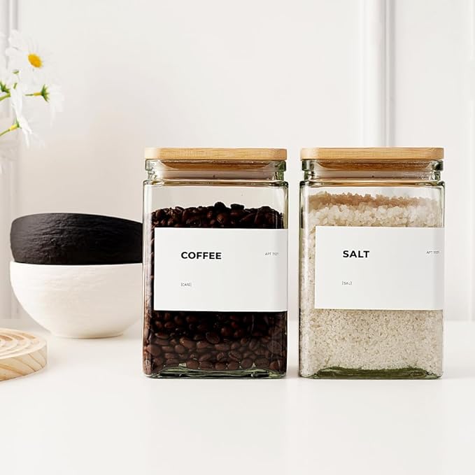 APT 1101 Glass Storage Jars with Bamboo Lid, glass canisters with airtight lids, Clear jars with lids for Spice, Cookie, Candy, Tea, Coffee Bean and Rice (White, Pantry Jar Set (26 oz, set of 6))