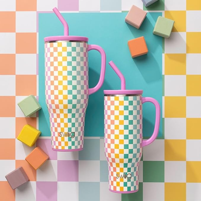 Swig Life 30oz Mega Mug, 30 oz Tumbler with Handle and Straw, Cup Holder Friendly, Dishwasher Safe, Extra Large Insulated Tumbler, Stainless Steel Checkered Water Bottle (Check Mate)