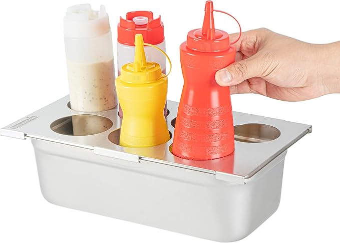 Restaurantware Squeeze Bottle Template Pack of 1 Stainless Steel 7 Hole Holder Top, 2.5" and 2.93" Diameter Fits 1/3 Size Food Pans, Dishwasher Friendly Integrated Lip Design Holder Top