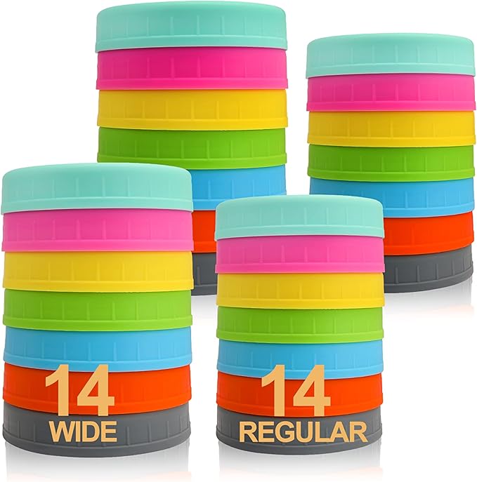 AOZITA [ 28 Pack ] Plastic Mason Jar Lids Fits Ball, Kerr & More - 14 Wide Mouth & 14 Regular Mouth - Colored Storage Caps for Canning Jars, Dishwasher Safe & Food Grade