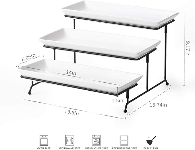 YHOSSEUN 3 Tier Serving Stand Tiered Tray Stand with 3 Porcelain Serving Platters Trays for Dessert Server Display Collapsible Sturdier Metal Rack 14 inch