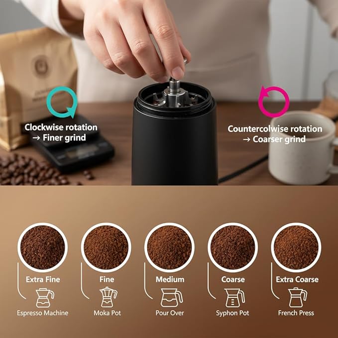 Electric Coffee Grinder, Conical Burr, Adjustable Grind Settings | Portable USB-C Rechargeable, for Espresso, French Press, Cold Brew, Travel & Home, Black