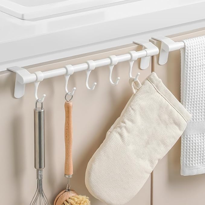 TOYANDONA No-Drill Under Cabinet Plastic Utensil Hooks 5-Row Kitchen Hanging Rack for Cookware and Spoon Storage, White Multi-Purpose Organizer for Kitchenware and Sundries