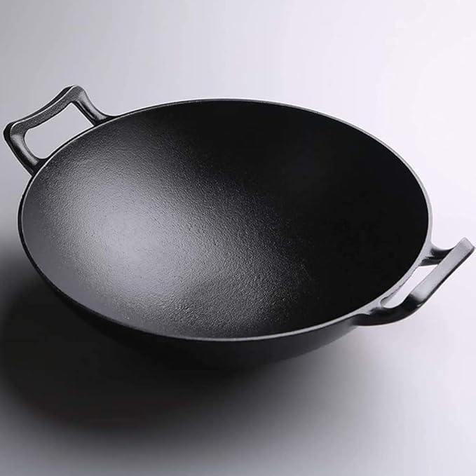 Cast Iron Wok Pan, No Chemical Flat Bottom Stir Fry Pan with 2 Handled and Wooden Lid for Electric, Induction & Gas Stoves-36cm in Diameter