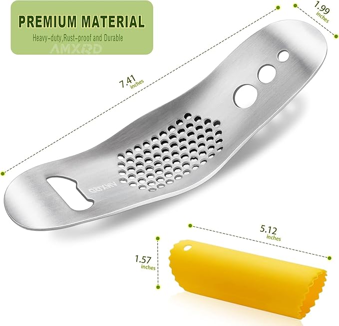 Garlic Press Rocker & Silicone Peeler, Stainless Steel Garlic Mincer, Herb Stripper & Leaf Zipper