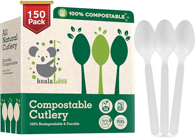 100% Compostable Spoons - (7 in.) 150 Large Biodegradable Spoon Disposable Eco Friendly Spoon Durable and Heat Resistant Alternative to Plastic Spoons with Convenient Tray, By