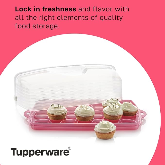 Tupperware, Rectangular Cake and Cupcake Carrier in Pink, Holds 18 Cupcakes