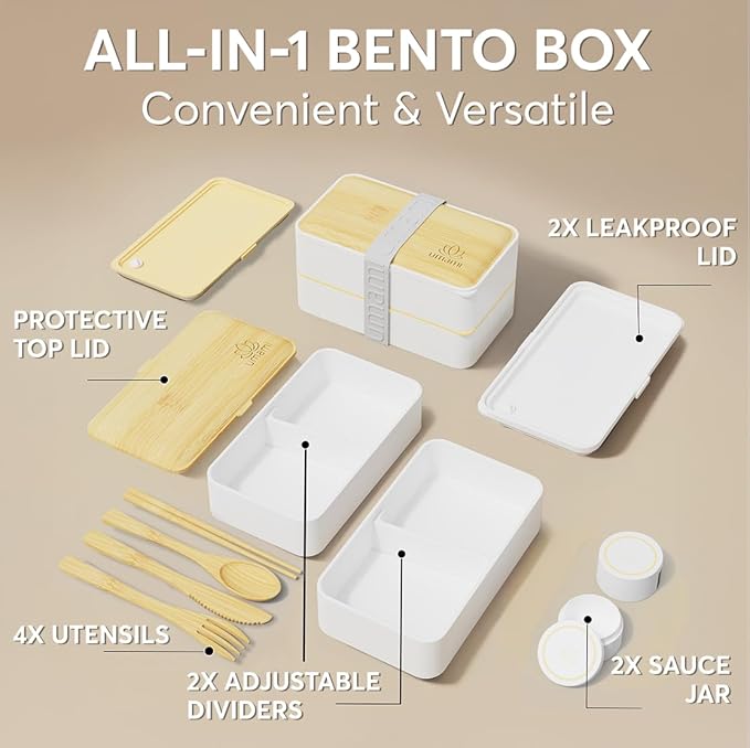 Umami Bento Box Adult All-In-1 w/ 4 Utensils 100% Leakproof, Microwave & Dishwasher Safe Lunch Containers for Adults w/Compartments, Bento Lunch Box Containers