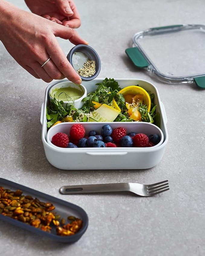 BLACK + BLUM Bento Box Style Compartment Food Container | Packed Lunch Box with Stainless-Steel Travel Fork, Plastic Free Leak-Proof, Microwave Safe | Olive, 34 oz / 1000 ml