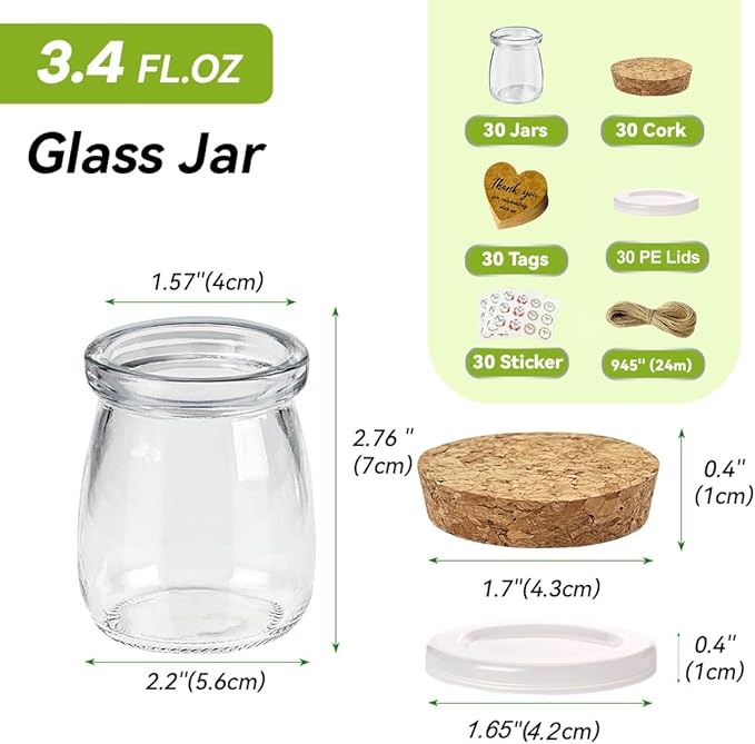 AIXIANG 30 Set 3.5 oz Glass Jars with Cork Lid & Airtight Seal - Rustic Wedding Favors, Baby Shower Gifts, Candy & Spice Storage - Includes Twine, Labels (Multi-Purpose, Eco-Friendly)
