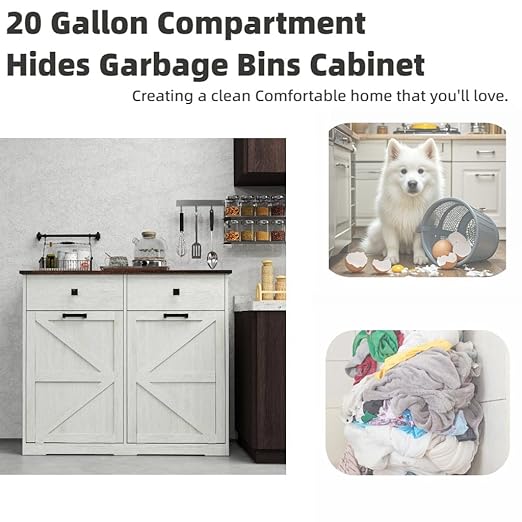20 Gallon Double Tilt-Out Trash Can Cabinet,Wood Hidden Garbage Can Cabinet – Free Standing Recycling Cabinet Pet Proof Trash Can Holder with 2 Drawer for Kitchen Bathroom, Living Room,White