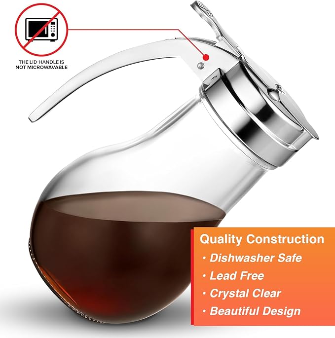 Glass Syrup Dispenser - 14 Oz Syrup & Honey Dispensers - Maple Syrup Dispenser for Honey - Large Syrups Dispenser Durable Clear Glass - Easy Pour Spout, Leak-Proof Lid