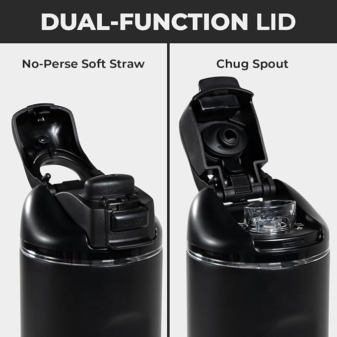 HydroJug Ease2o Water Bottle with Straw & Chug Lid, Stainless Steel, Vented Cap to Help Reduce Pressure, Water-Level Window, Cup Holder Friendly, Non-Slip Base – 32oz, Black