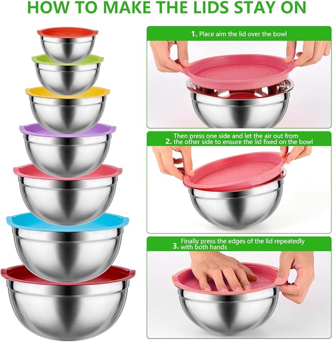 Leidawn Mixing Bowls with Lids for Kitchen - 25 PCS Stainless Steel Nesting Colorful Mixing Bowls Set for Baking,Mixing,Serving & Prepping,Size 5, 3.7, 2.8, 2.3, 1.7, 1.1, 0.7QT,11 Cooking Utensils