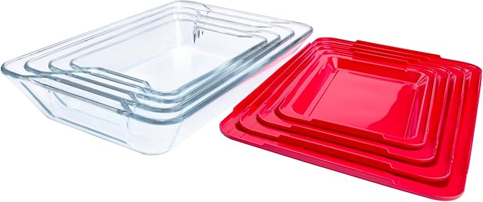 Set of 8 PCS Nesting Tempered Glass Bakeware Set, 4x Glass Baking Dishes and 4x BPA Free Lids. Oven, Refrigerator and Dishwasher Safe.
