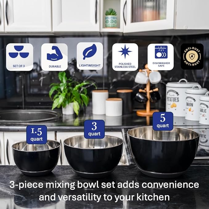 WHYSKO Stainless Steel Mixing Bowls Set of 3 with Non-Slip Silicone Base, Nesting Metal Bowls for Meal Prep, Baking, Cooking & Food Storage, Dishwasher Safe Kitchen Mixing Bowls, Black
