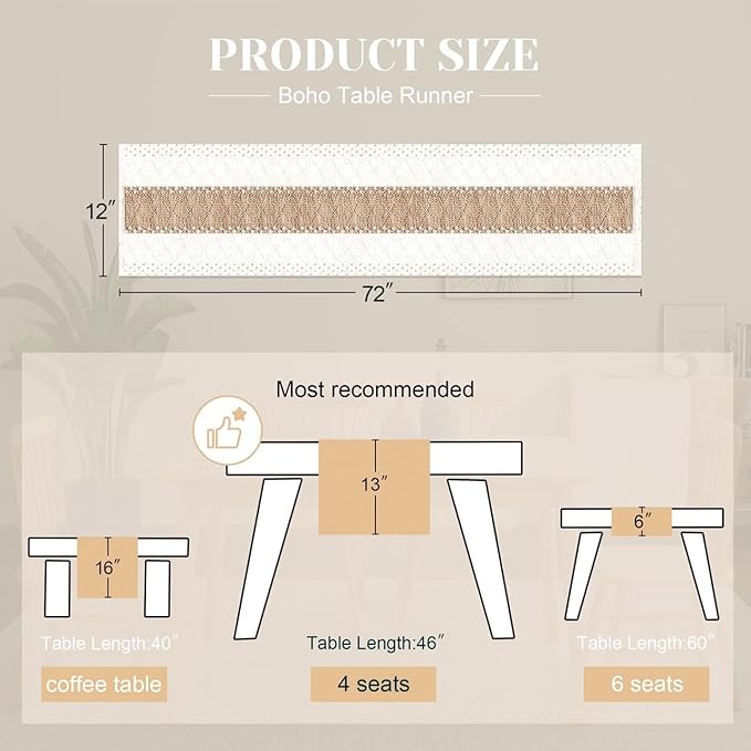 FEXIA Boho Table Runner for Home Decor with Out Tassels 72 Inches Long Farmhouse Rustic Table Runner Macrame Burlap Table Decoration for Living Room Bridal Shower(12x72 Inches)